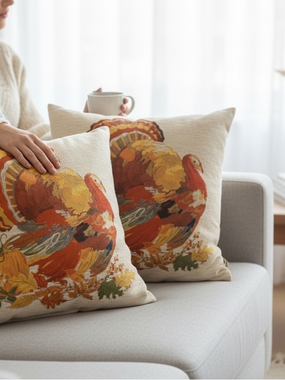Festive Turkey Decorative Pillow Cover - Cream & Orange